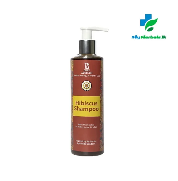 Dhee Hibiscus Shampoo bottle, showcasing an Ayurvedic herbal shampoo for hair growth, anti-graying, and dandruff control.