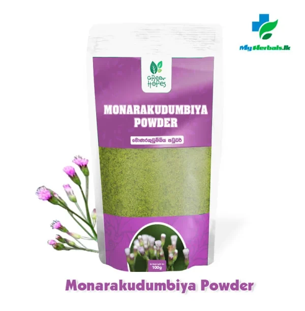 GREEN HOPES Monarakudumbiya Powder in branded packaging, possibly with fresh Monarakudumbiya (Spermacoce hispida) plants. Supports blood purification and liver health.