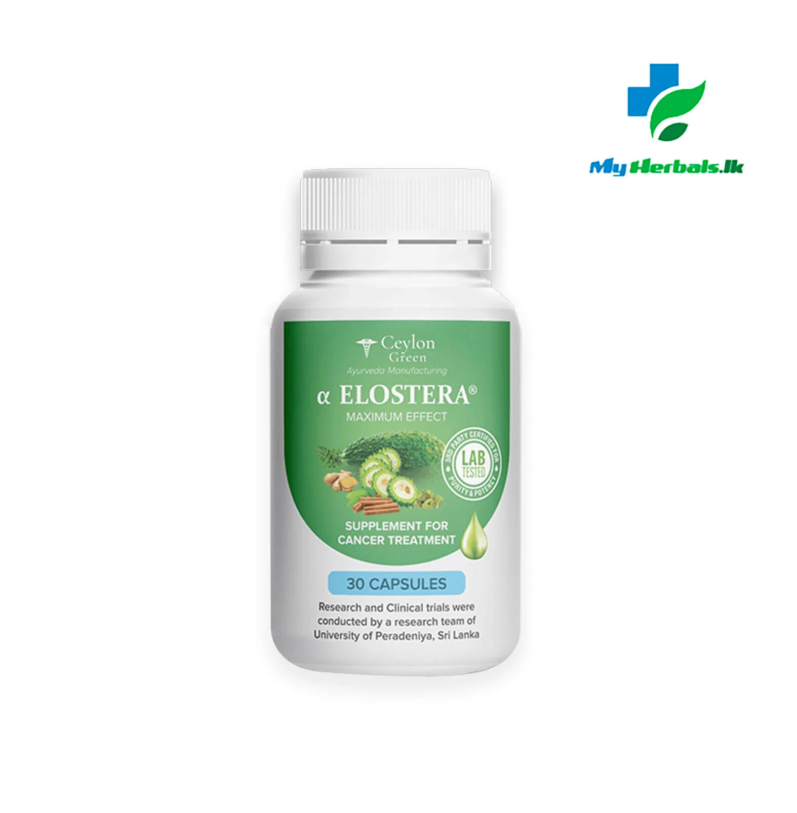 A bottle of α-Elostera Cancer Treatment Capsules- 30 Caps - 30 Caps, an Ayurvedic supplement for post-treatment recovery and immune support. Shop Now at www.myherbals.lk