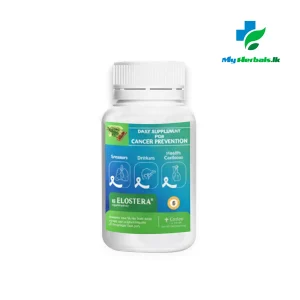 A bottle of α-Elostera Cancer Preventive Capsules, an Ayurvedic supplement for daily immunity and cellular protection. Shop Now at www.myherbals.lk