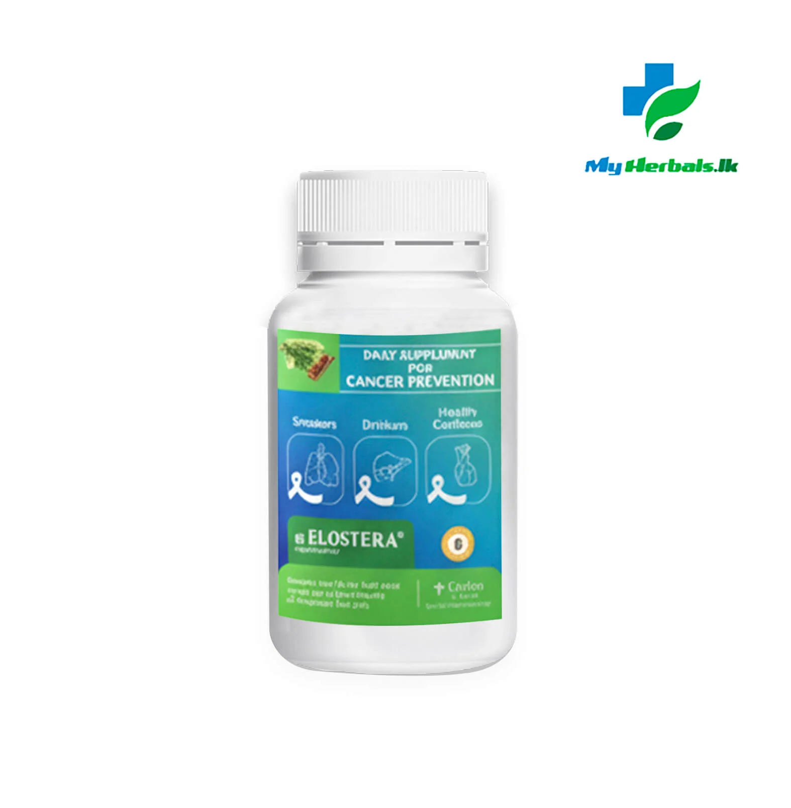 A bottle of α-Elostera Cancer Preventive Capsules, an Ayurvedic supplement for daily immunity and cellular protection. Shop Now at www.myherbals.lk