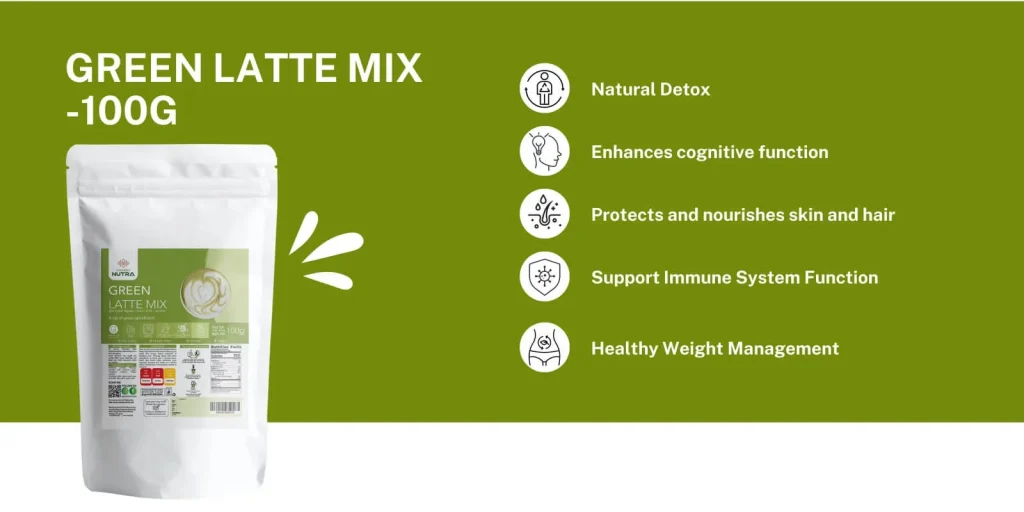 Ancient Nutra Green Latte Mix container, a green superfood powder for detoxification, energy, and immune support. This indicates the health benefits of Ancient Nutra Green Latte.