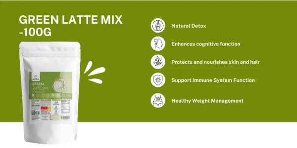 Ancient Nutra Green Latte Mix container, a green superfood powder for detoxification, energy, and immune support. This indicates the health benefits of Ancient Nutra Green Latte.