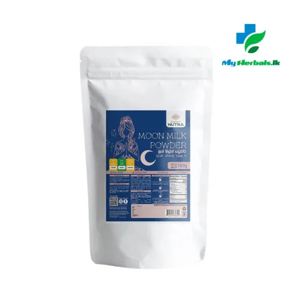 Ancient Nutra Moon Milk Powder container, a natural herbal blend for relaxation, stress relief, and promoting restful sleep. This indicates product description of Ancient Nutra Moon Milk Powder.