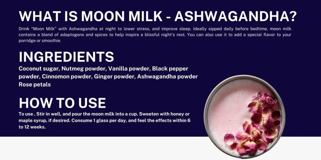 Ancient Nutra Moon Milk Powder container, a natural herbal blend for relaxation, stress relief, and promoting restful sleep. This indicates product description of Ancient Nutra Moon Milk Powder.