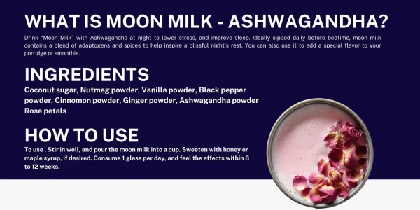 Ancient Nutra Moon Milk Powder container, a natural herbal blend for relaxation, stress relief, and promoting restful sleep. This indicates product description of Ancient Nutra Moon Milk Powder.