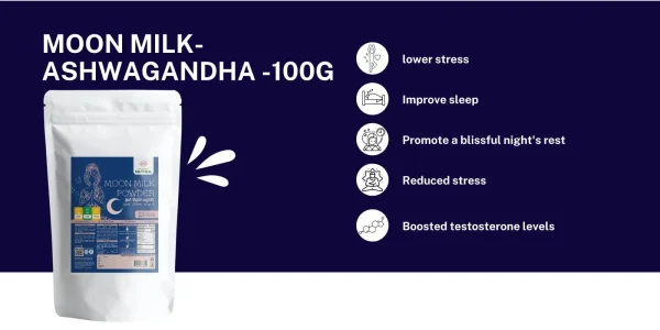 Ancient Nutra Moon Milk Powder container, a natural herbal blend for relaxation, stress relief, and promoting restful sleep. This indicates the health benefits of Ancient Nutra Moon Milk Powder.