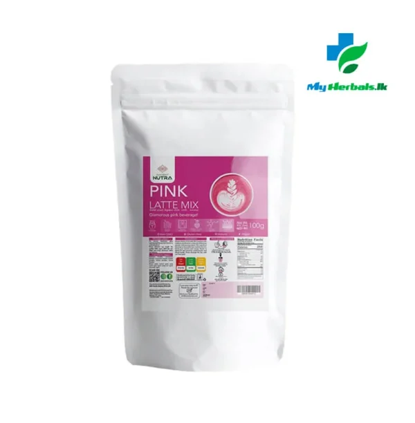 Ancient Nutra Pink Latte container, a pink superfood powder for skin health, antioxidants, and well-being.