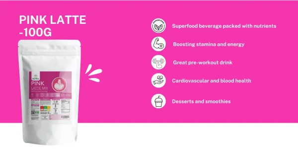 Ancient Nutra Pink Latte container, a pink superfood powder for skin health, antioxidants, and well-being. This indicates the health benefits of Ancient Nutra Pink Latte.