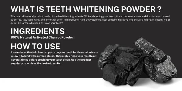 Ancient Nutra Teeth Whitening Powder jar, a natural solution for a brighter smile and stain removal. This indicates product description of Ancient Nutra Teeth Whitening Powder.