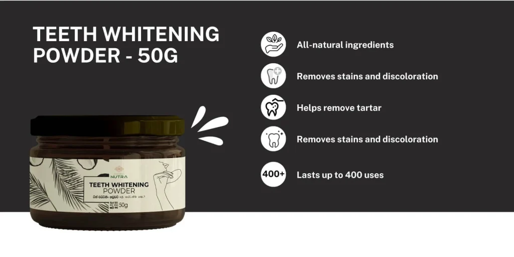 Ancient Nutra Teeth Whitening Powder container, a natural herbal blend for relaxation, stress relief, and promoting restful sleep. This indicates the health benefits of Ancient Nutra Teeth Whitening Powder.