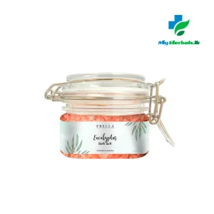 A jar of Frella Bath Salt with Eucalyptus Essential Oil, an invigorating product for muscle recovery and energy. Shop now www.myherbals.lk
