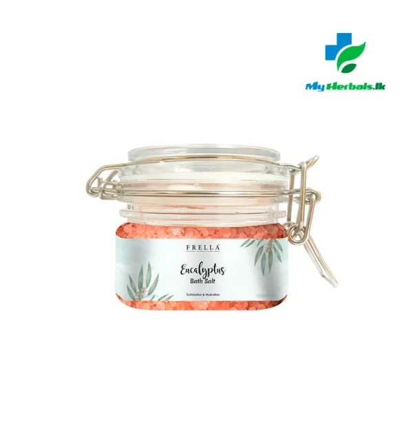 A jar of Frella Bath Salt with Eucalyptus Essential Oil, an invigorating product for muscle recovery and energy. Shop now www.myherbals.lk