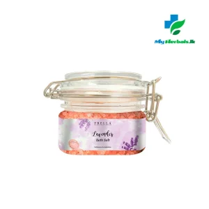 A jar of Frella Bath Salt with Lavender Essential Oil, a product for relaxation and muscle recovery. Visit www.myherbals.lk