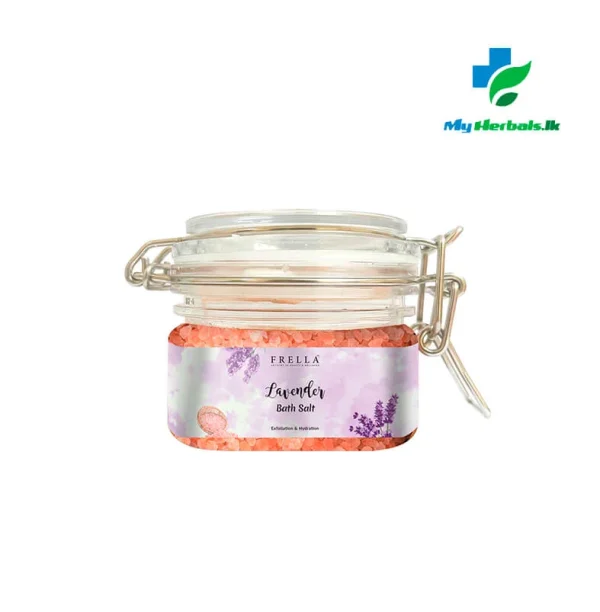 A jar of Frella Bath Salt with Lavender Essential Oil, a product for relaxation and muscle recovery. Visit www.myherbals.lk