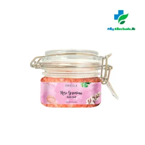 A jar of Frella Bath Salt with Rose Geranium Essential Oil, a floral and soothing product for stress relief and relaxation. Shop now www.myherbals.lk