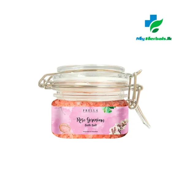 A jar of Frella Bath Salt with Rose Geranium Essential Oil, a floral and soothing product for stress relief and relaxation. Shop now www.myherbals.lk