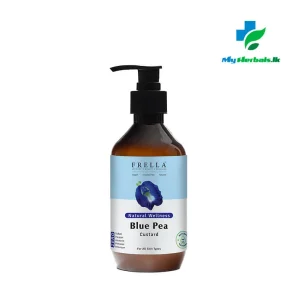 A sleek amber pump bottle of Frella Wellness Blue Pea Body Custard 320ml, a rich moisturizer for vibrant and hydrated skin.