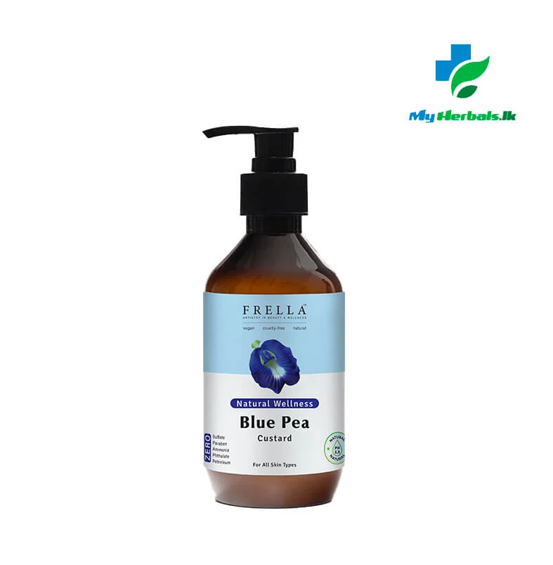 A sleek amber pump bottle of Frella Wellness Blue Pea Body Custard 320ml, a rich moisturizer for vibrant and hydrated skin.