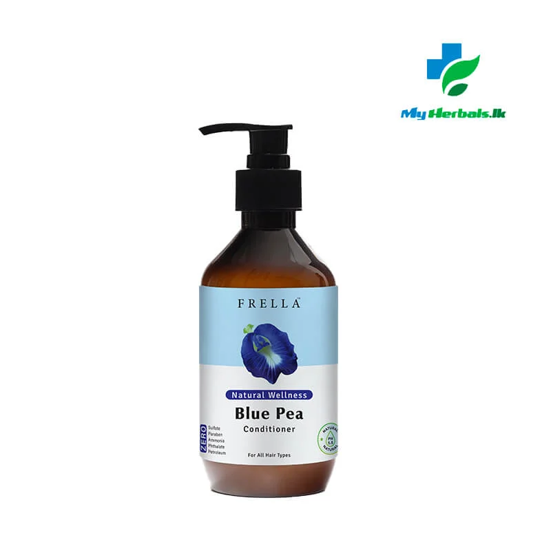 A sleek amber pump bottle of Frella Wellness Blue Pea Conditioner 320ml, a hydrating and nourishing product for smooth hair.