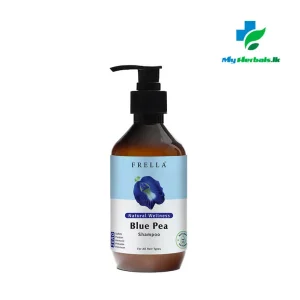 A sleek amber pump bottle of Frella Wellness Blue Pea Shampoo 320ml, a herbal remedy for hair growth, vitality, and shine.