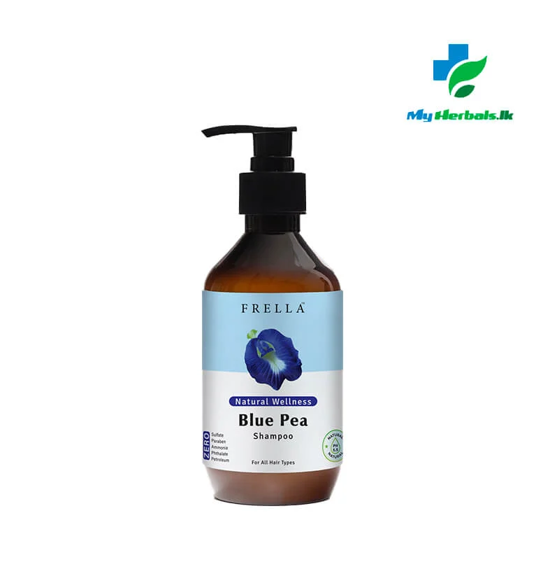 A sleek amber pump bottle of Frella Wellness Blue Pea Shampoo 320ml, a herbal remedy for hair growth, vitality, and shine.