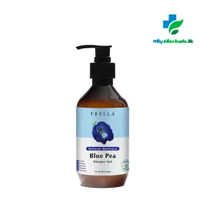 A sleek amber pump bottle of Frella Wellness Blue Pea Shower Gel 320ml, an antioxidant-rich and hydrating cleansing product.