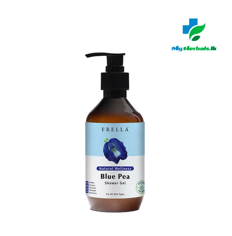 A sleek amber pump bottle of Frella Wellness Blue Pea Shower Gel 320ml, an antioxidant-rich and hydrating cleansing product.