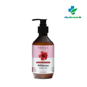A sleek amber pump bottle of Frella Wellness Hibiscus Shower Gel 320ml, a natural exfoliating and hydrating product for smooth skin. Shop Now www.myherbals.lk