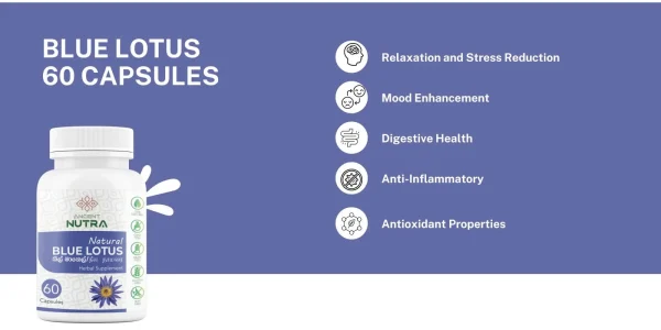 Health benefits of Ancient Nutra Blue Lotus Capsules bottle with a blue lotus flower. A natural supplement for relaxation and stress relief.