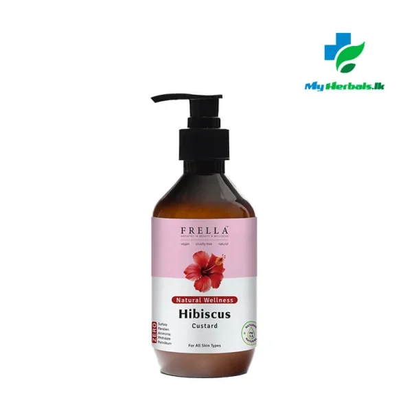 A sleek amber pump bottle of Frella Wellness Hibiscus Body Custard 320ml, a rich moisturizer for firming and hydrating dry, mature skin.