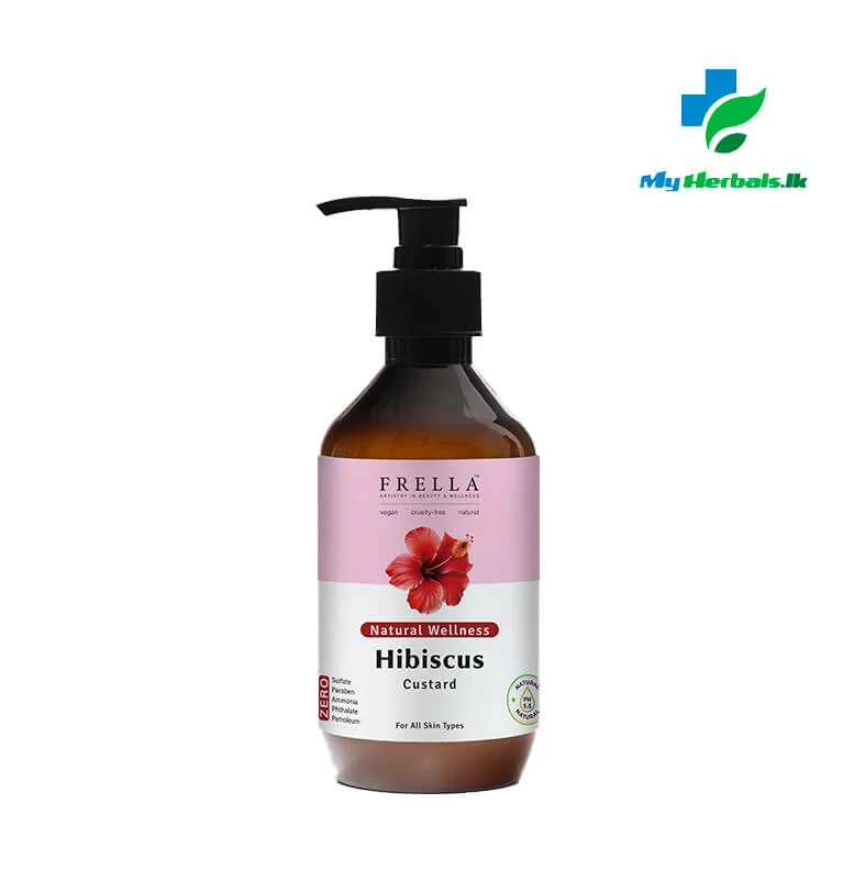 A sleek amber pump bottle of Frella Wellness Hibiscus Body Custard 320ml, a rich moisturizer for firming and hydrating dry, mature skin.