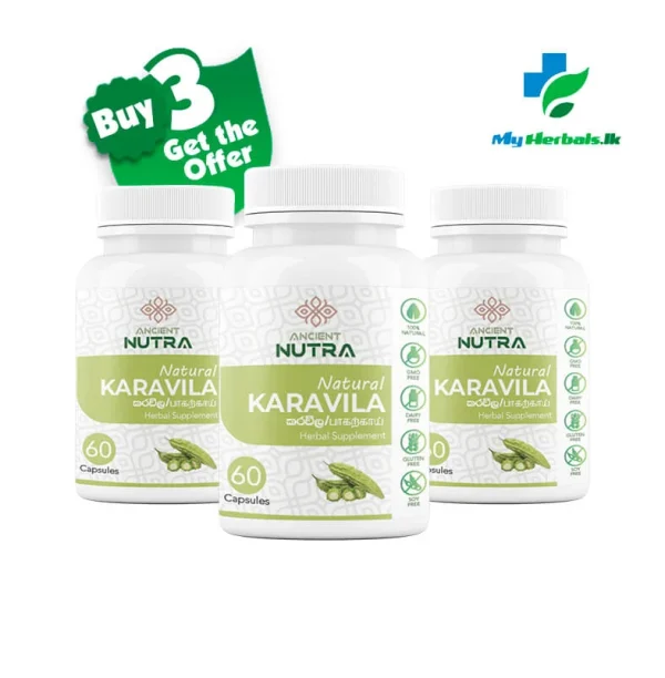 Ancient Nutra offer Offer Organic Karavila Bitter Melon Capsules in a bottle. An image advertising a special offer on herbal products for wellness.