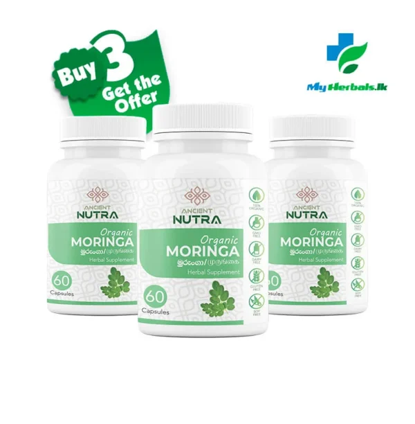 Ancient Nutra Offer Organic Moringa Capsules bottle, a herbal supplement to support healthy glucose metabolism and blood sugar regulation.