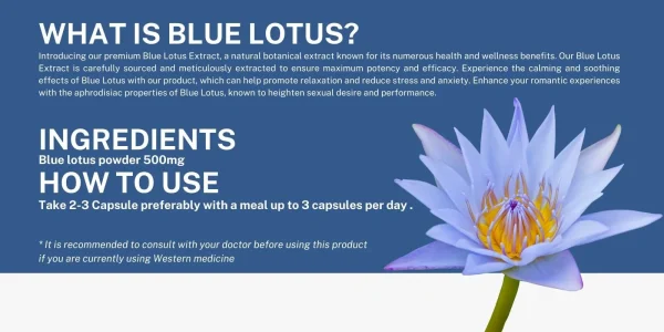 What is Ancient Nutra Blue Lotus Capsules bottle with a blue lotus flower. A natural supplement for relaxation and stress relief.
