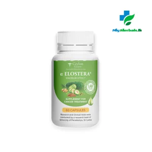 A bottle of α-Elostera Cancer Treatment Capsules - 60 Caps, an Ayurvedic primary treatment for cancer. Shop Now at www.myherbals.lk