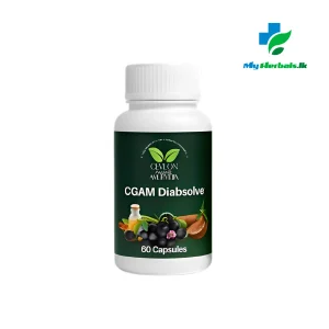 A bottle of CGAM Diabetes Capsules (Diabsolve), an Ayurvedic supplement for blood sugar management. Shop Now at www.myherbals.lk