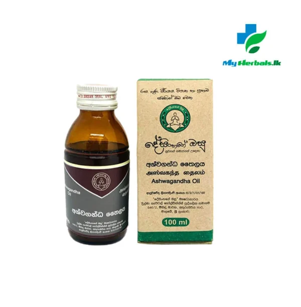 A bottle of Desinghage Ashwagandha Oil 100ml, an Ayurvedic remedy for nerve pain and muscle weakness. Shop Now at www.myherbals.lk