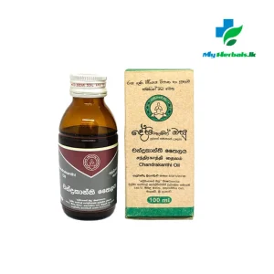 A bottle of Desinghage Chandrakanthi Oil 100ml, an Ayurvedic therapeutic cooling oil for head, body, and Pitta balance. Shop Now at www.myherbals.lk