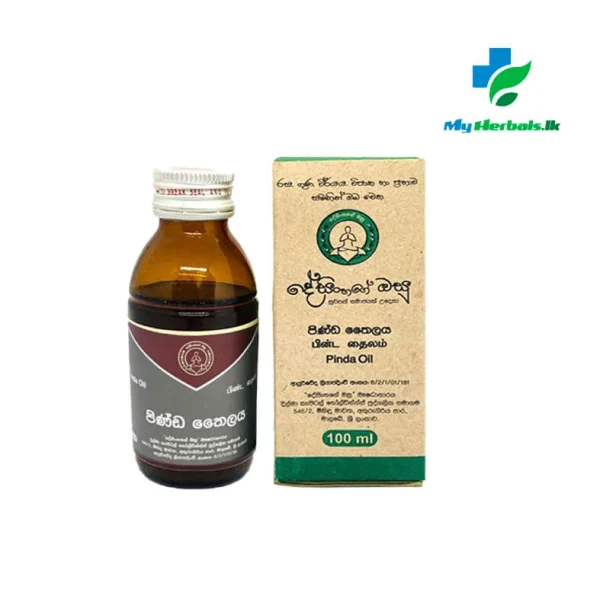 A bottle of Desinghage Pinda Oil 100ml, an Ayurvedic therapeutic oil for Gout relief, joint inflammation, and localized cooling. Shop Now at www.myherbals.lk