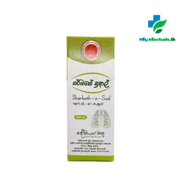 A bottle of Desinghage Sharbath e Sual Syrup 200ml, an Ayurvedic herbal cough syrup for throat soothing and congestion relief. Shop Now at www.myherbals.lk