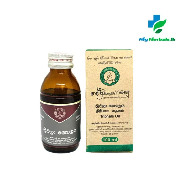 A bottle of Desinghage Thriphala Oil 100ml, an Ayurvedic therapeutic oil for Tridoshic balance, scalp toning, and skin purification. Shop Now at www.myherbals.lk