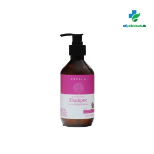 FRELLA Rose Geranium Shampoo 320ml bottle for natural scalp balancing and hair fortification. Shop Now at www.myherbals.lk