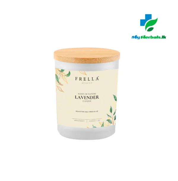 A lit Frella Aromatherapy Candle with Lavender Essential Oil, made with beeswax to soothe stress and promote sleep.