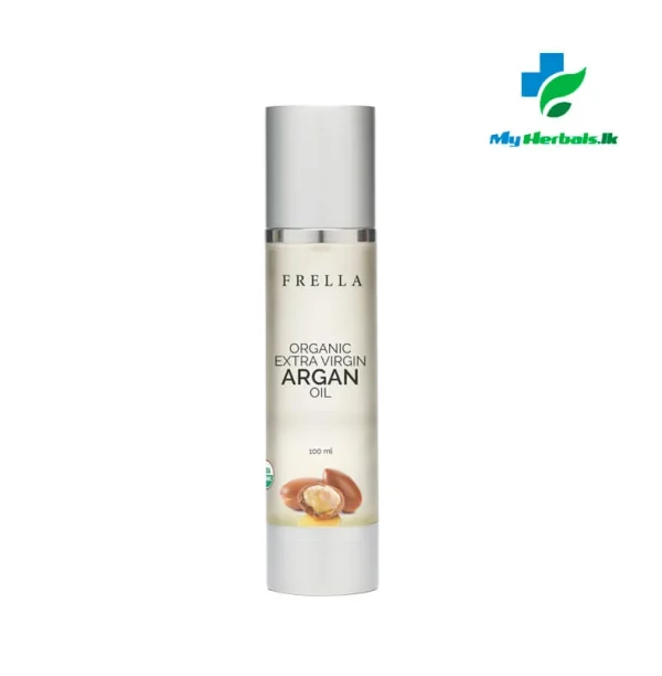 A sleek bottle of Frella Authentic Argan Oil 100ml, a best-selling anti-aging and moisturizing product for skin, hair, and nails.