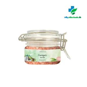 A jar of Frella Bath Salt with Lemongrass Essential Oil 150g, an invigorating and refreshing product for muscle relief and energy.