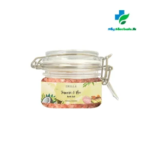 A jar of Frella Bath Salt with Frella Bath Salt with Turmeric & Mee Essential Oil 150g, a soothing product for muscle relaxation and skin nourishment.