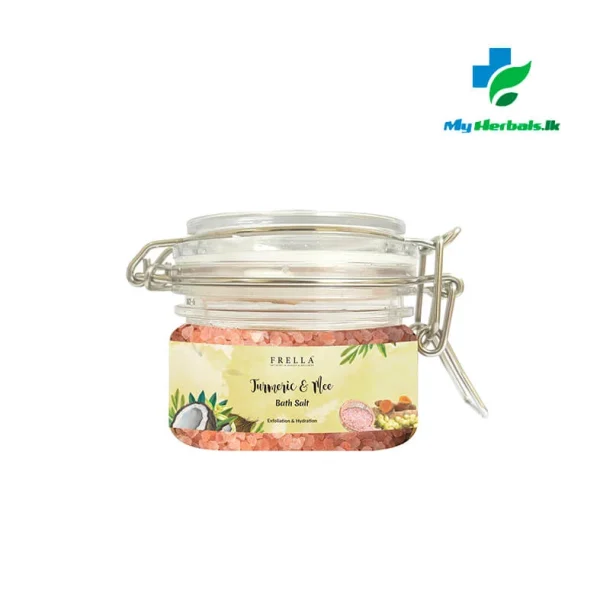 A jar of Frella Bath Salt with Frella Bath Salt with Turmeric & Mee Essential Oil 150g, a soothing product for muscle relaxation and skin nourishment.