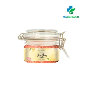 A jar of Frella Bath Salt with Frella Bath Salt with Ylang Ylang Essential Oil 150g, a soothing product for stress relief and relaxation.Visit www.myherbals.lk