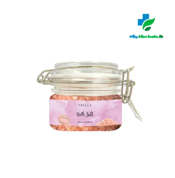A jar of Frella No Fragrance Bath Salt 150g, a simple and pure product for muscle relief and skin health.